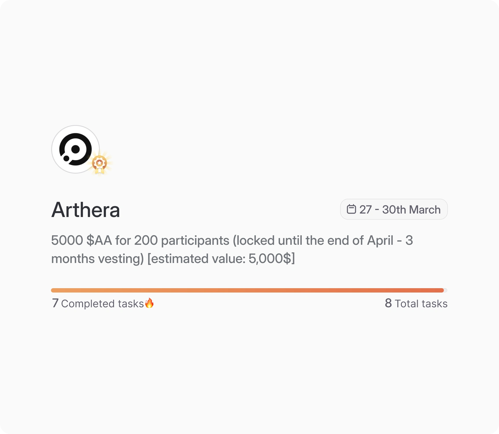 Arthera reward card with progress bar