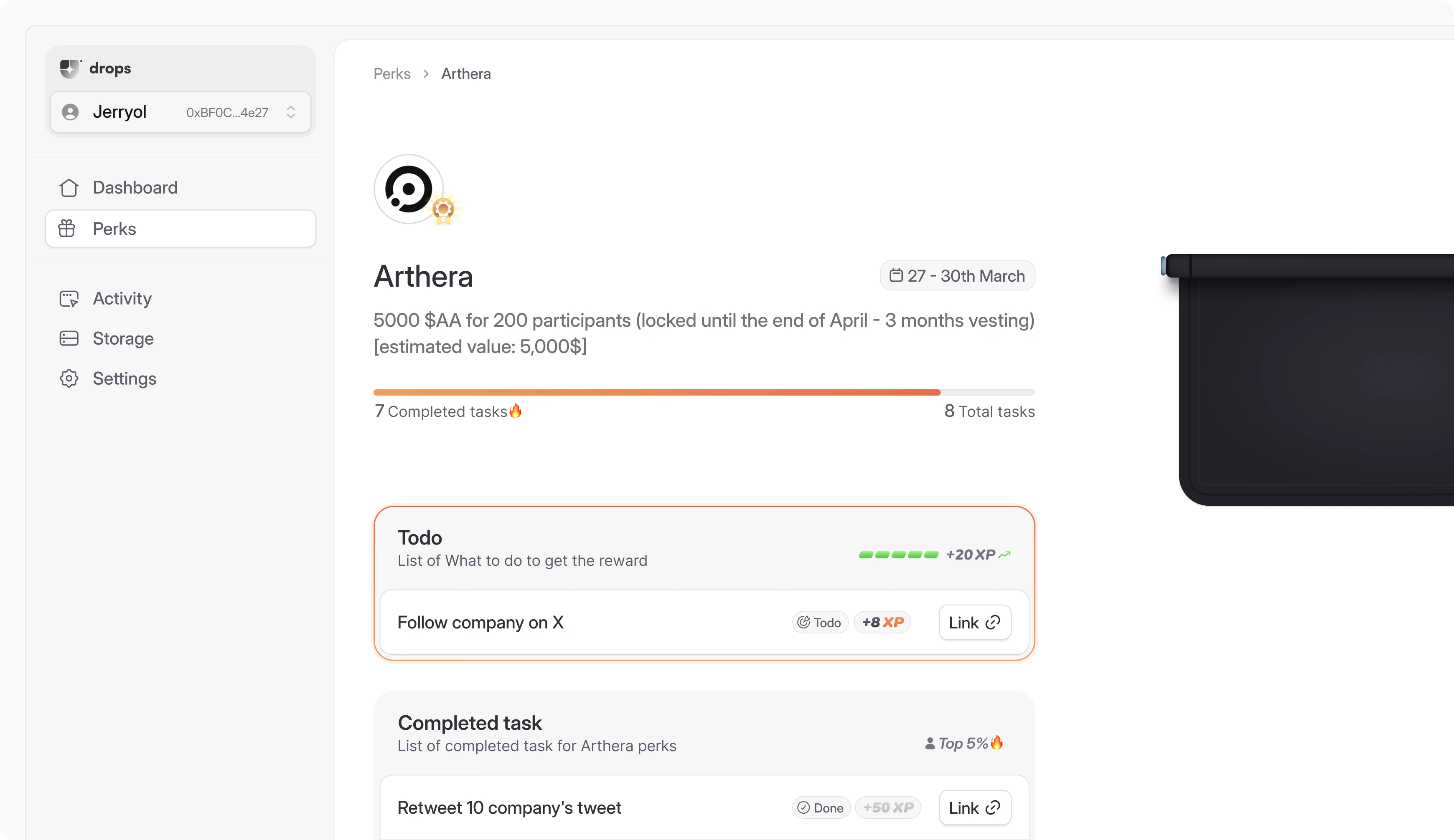 Perks reward detail view with sidebar navigation